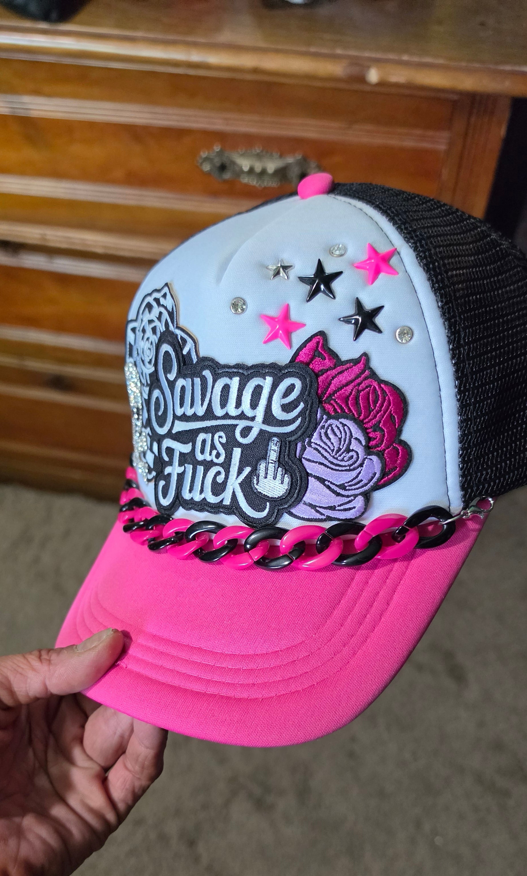 Savage As F*** Trucker Hat – Pink Black & White Snapback with Hat Chain, Sassy Patch Hat, Edgy Biker Babe Cap