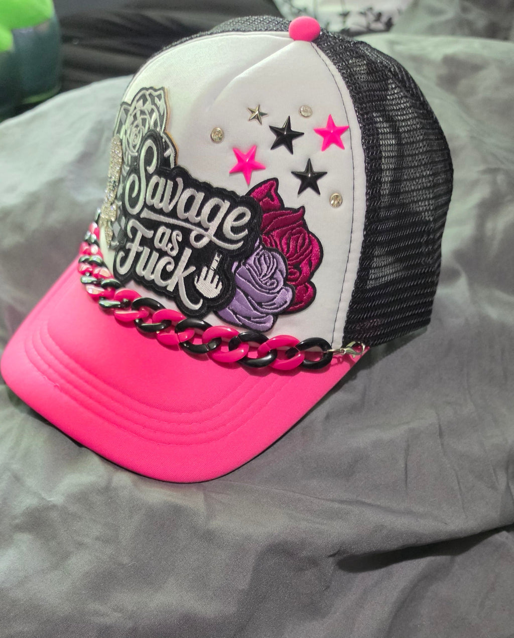 Savage As F*** Trucker Hat – Pink Black & White Snapback with Hat Chain, Sassy Patch Hat, Edgy Biker Babe Cap