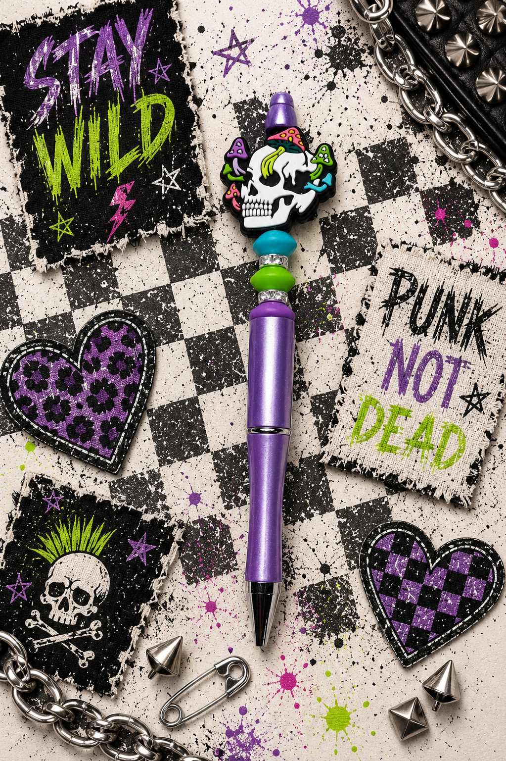 Skull Mushroom Beaded Keychain, Pen & Sticker Gift Set | Gothic Cute Handmade Gift | Alt Aesthetic Stationery Set | Spooky Gift for Her