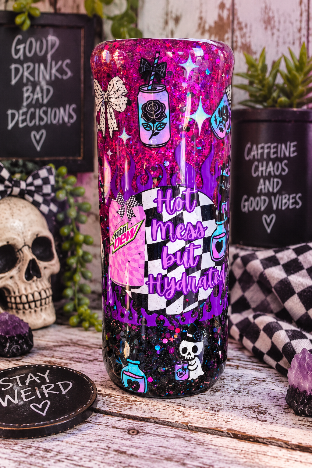 Purple Glitter Epoxy Tumbler | "Hot Mess But Hydrated" Stainless Steel Skinny Cup