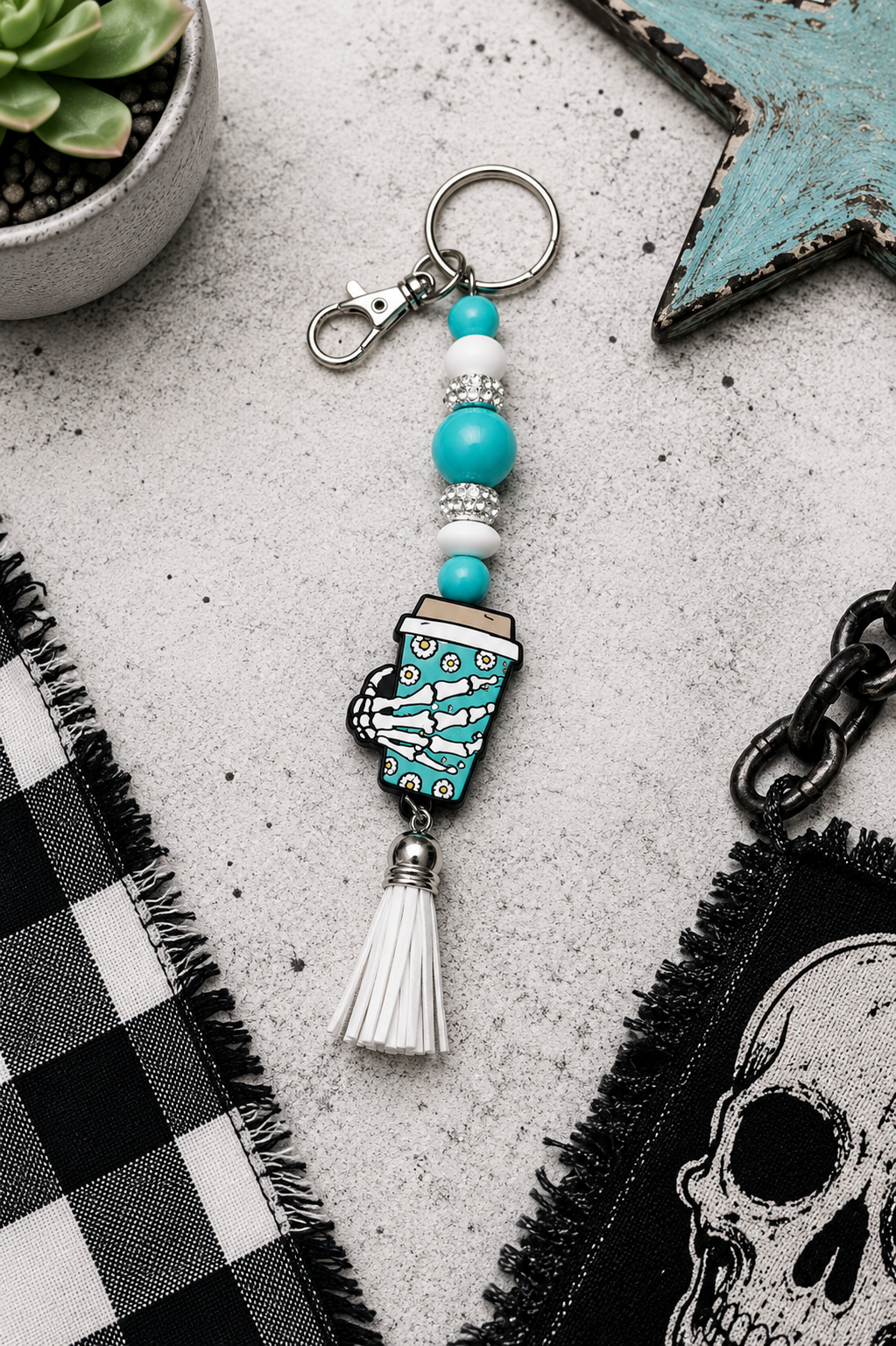 Turquoise & White Skull Hand Coffee Mug Keychain | Handmade Gothic Beaded Keychain | Spooky Coffee Lover Gift | Halloween Bag Charm | Alternative Accessory