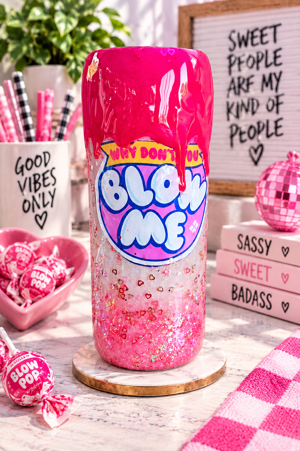 Funny Bubble Gum Wrapper Tumbler: Hot Pink Glitter Drip Epoxy Cup