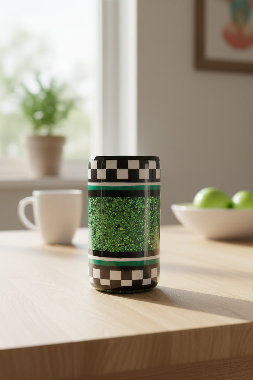Green Checkered 16oz Stainless Steel Tumbler | Aesthetic Coffee Cup | Retro Checkerboard Travel Mug | Handmade Skinny Tumbler Gift