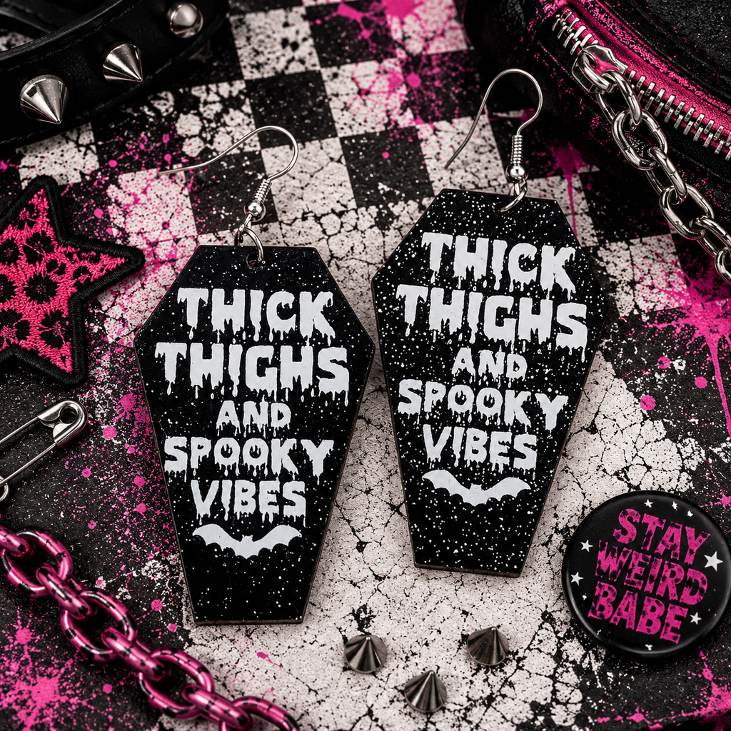 Coffin Halloween Earrings: Thick Thighs Spooky Vibes, Black Acrylic