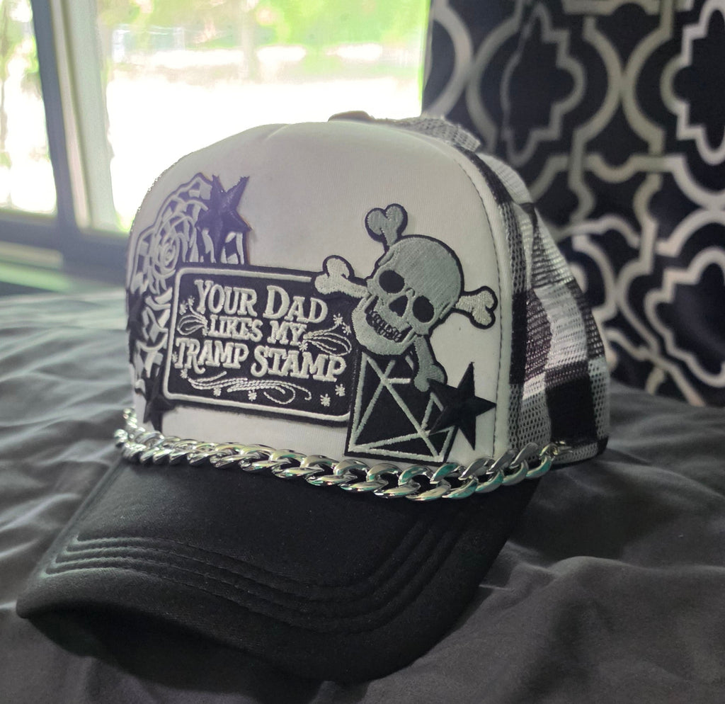 Your Dad Likes My Tramp Stamp Black and White Checkered Trucker Hat | Funny Snapback Hat | Retro Mesh Cap | Sarcastic Gift for Her