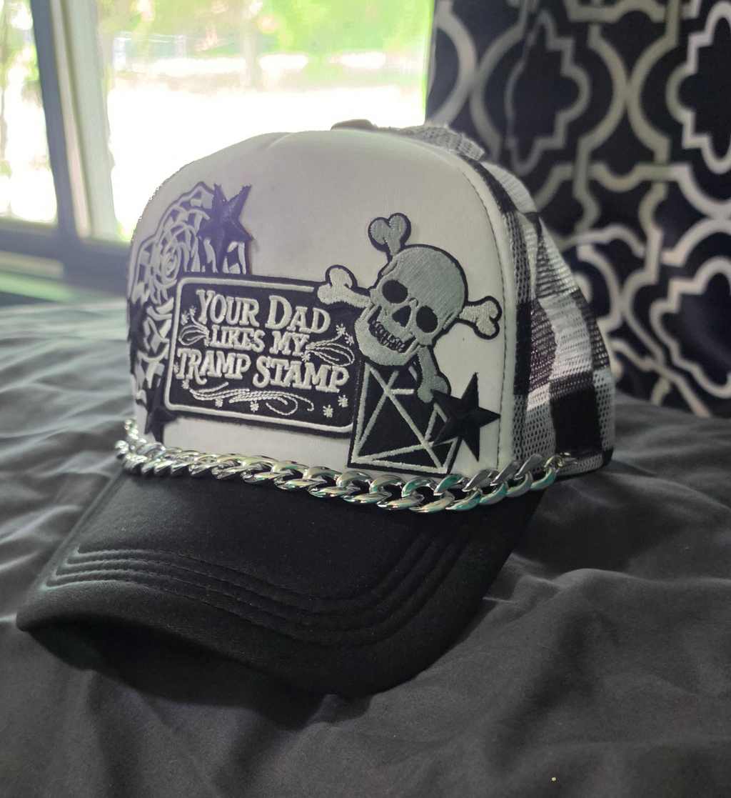 Your Dad Likes My Tramp Stamp Black and White Checkered Trucker Hat | Funny Snapback Hat | Retro Mesh Cap | Sarcastic Gift for Her
