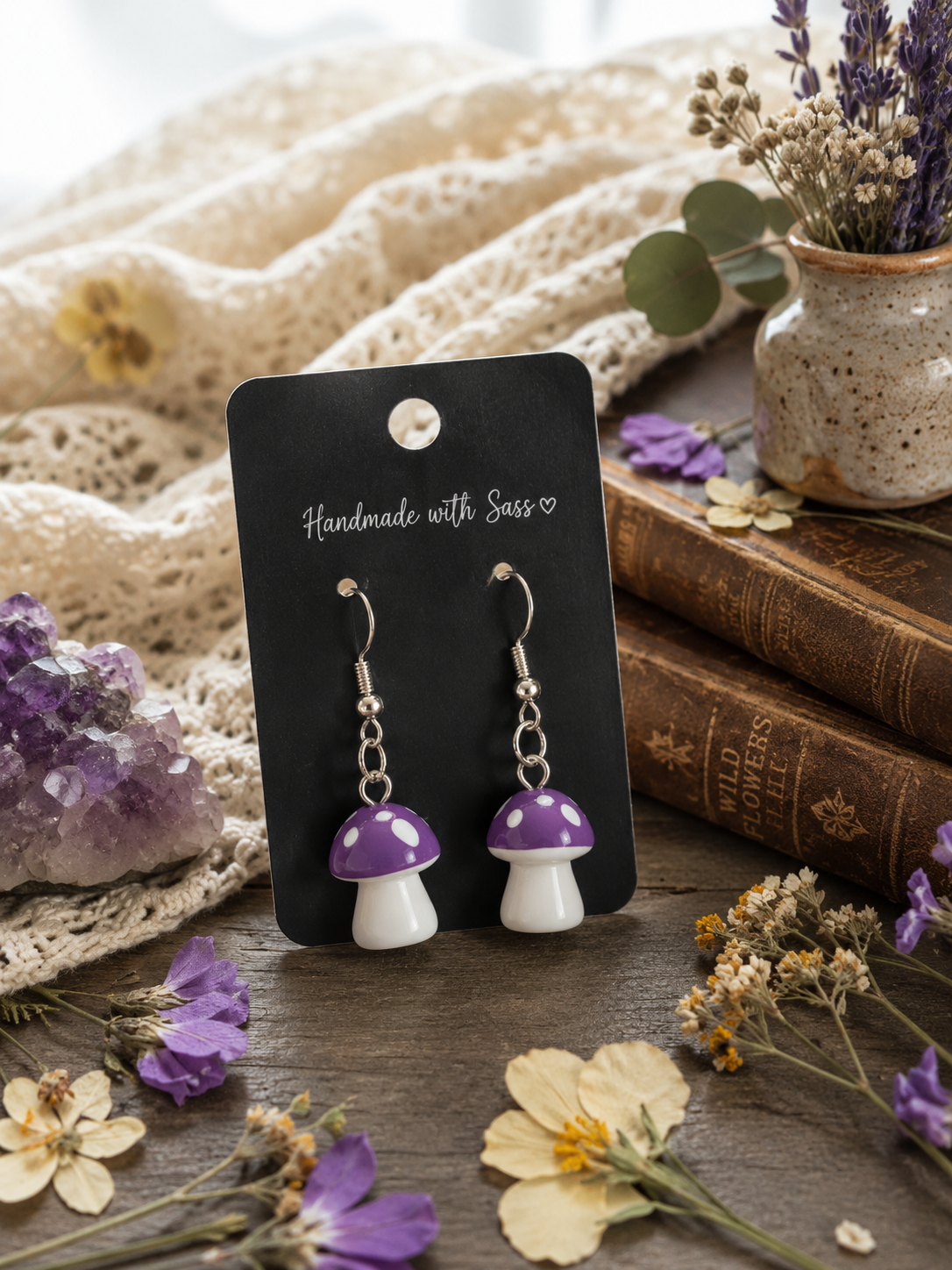 Sassy Purple Mushroom Dangle Earrings | Cottagecore Fairycore Jewelry | Whimsical Handmade Statement