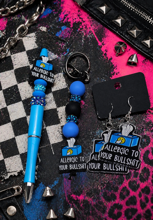 Allergic to Your Bullshit Gift Set | Funny Gift Set | Sassy Earrings, Keychain, Pen & Waterproof Stickers | Handmade Sarcastic Gift