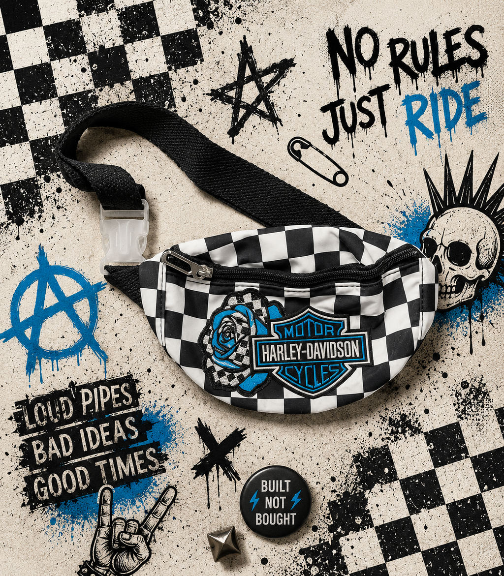 Blue & Black Checkered Bum Bag with Embroidered Motorcycle-Inspired Patch | Adjustable Waist Pack | Festival Bag | Crossbody Fanny Pack | Alternative Style
