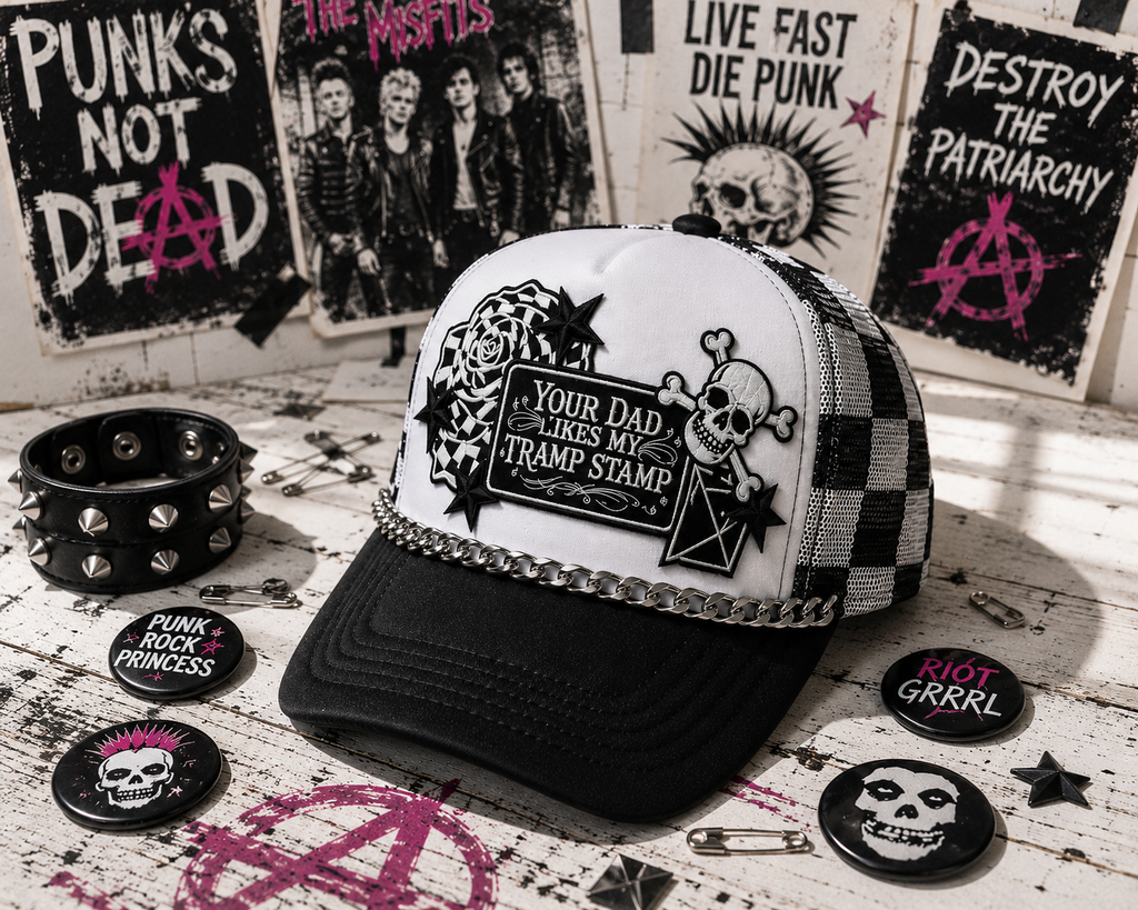 Your Dad Likes My Tramp Stamp Black and White Checkered Trucker Hat | Funny Snapback Hat | Retro Mesh Cap | Sarcastic Gift for Her