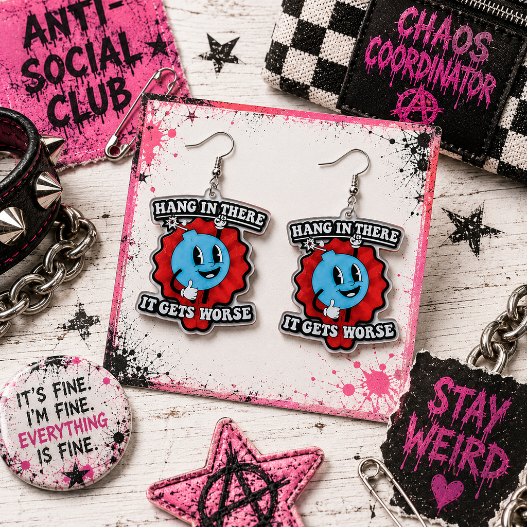 Sarcastic Bomb Dangle Earrings: Blue Acrylic with Bold White Lettering