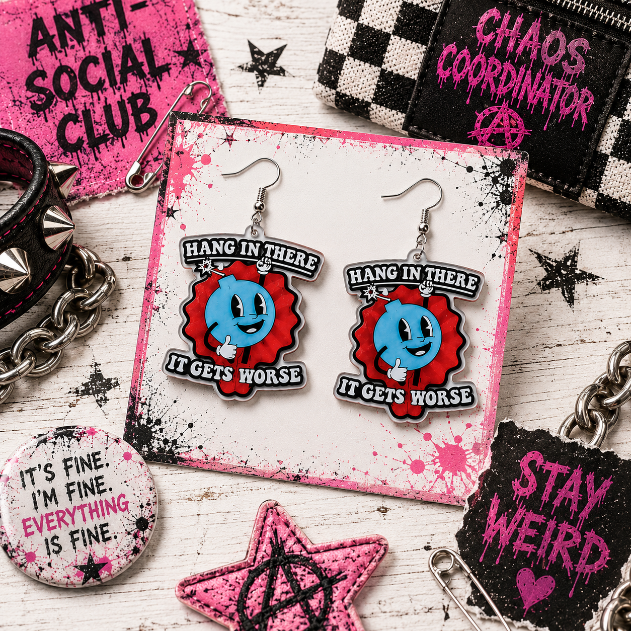 Sarcastic Bomb Dangle Earrings: Blue Acrylic with Bold White Lettering