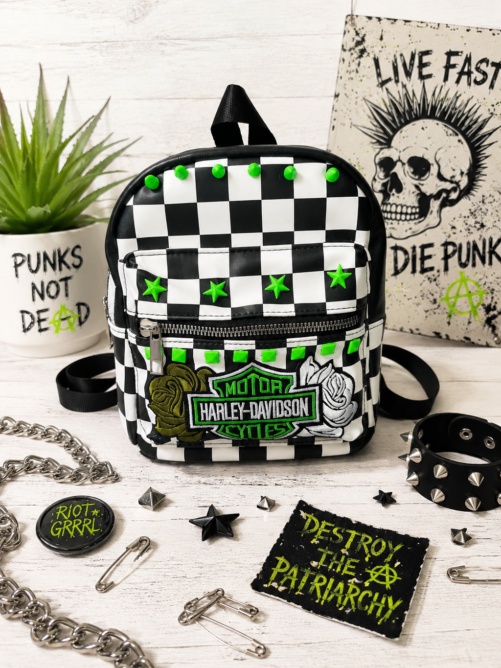 Neon Green Checkered Mini Backpack with Patch | Punk Rock Backpack | Studded Black & White Checker Bag | Alternative Goth Mini Backpack | Handmade Backpack