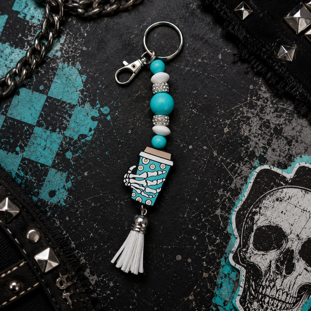 Turquoise & White Skull Hand Coffee Mug Keychain | Handmade Gothic Beaded Keychain | Spooky Coffee Lover Gift | Halloween Bag Charm | Alternative Accessory
