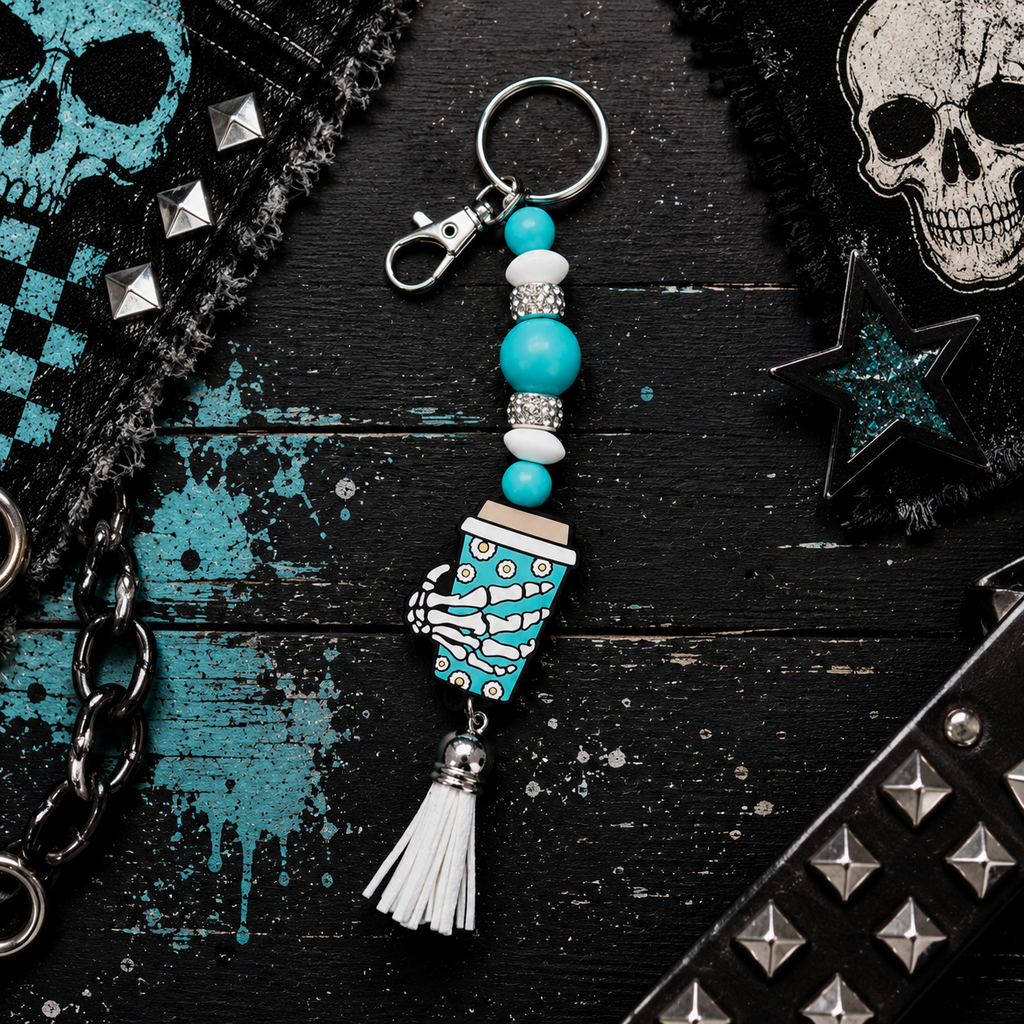 Turquoise & White Skull Hand Coffee Mug Keychain | Handmade Gothic Beaded Keychain | Spooky Coffee Lover Gift | Halloween Bag Charm | Alternative Accessory