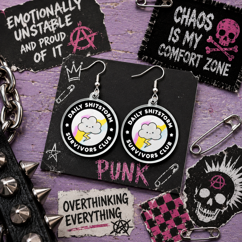 Daily Sh*tstorm Survivor Club Earrings | Funny Cloud & Lightning Acrylic Dangle Earrings | Burnout Queen Gift | Rainbow Statement Earrings