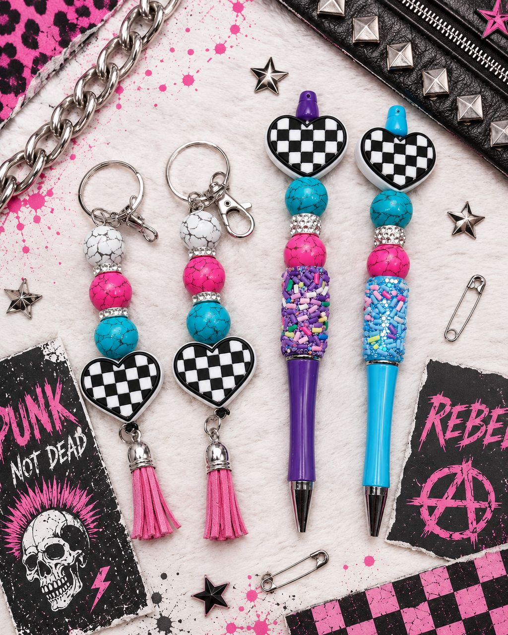 Checkered Heart Gift Set | Handmade Beaded Pen, Hemp Keychain, Vinyl Sticker Bundle | Cute Alternative Gift for Teens, Best Friend & Teacher