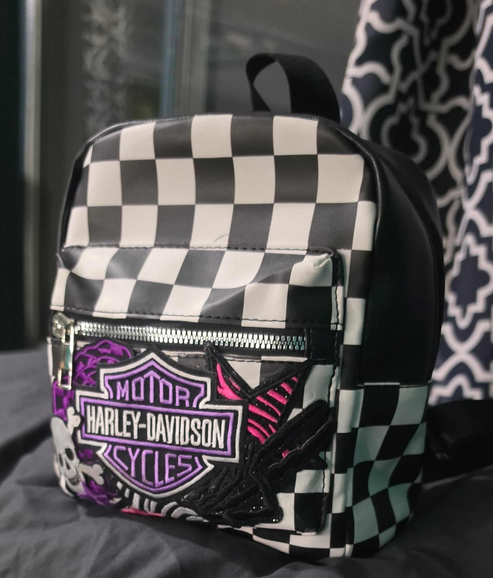 Black & White Checkered Mini Backpack Purse with Purple Embroidered Patch | Punk Rock Backpack | Alternative Style Backpack Purse | Handmade Statement Bag