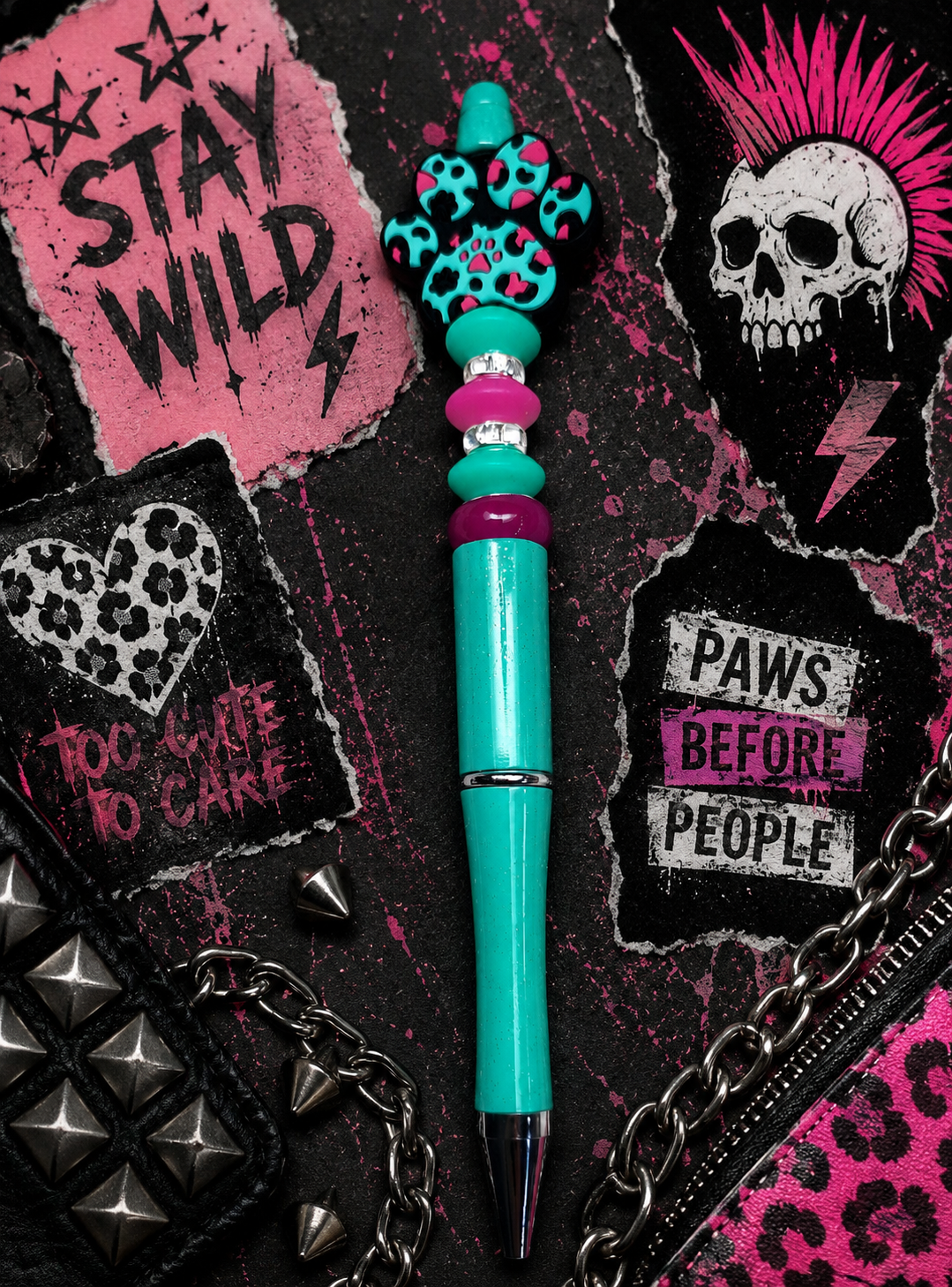 Leopard Paw Print Pen & Keychain Gift Set | Handmade Beaded Pen | Animal Print Office Gift | Cute Teacher Gift | Desk Accessories | Hempin Mayhem