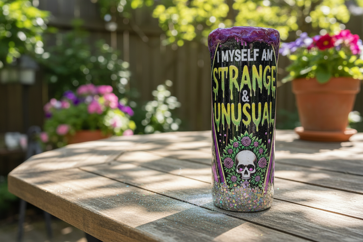 Tumbler with 'I Myself Am Strange & Unusual' text on a wooden table outdoors.