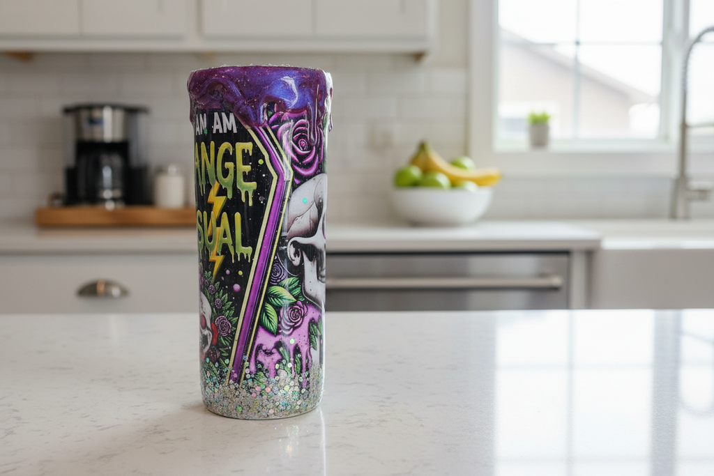Colorful tumbler with graphic design on a kitchen counter