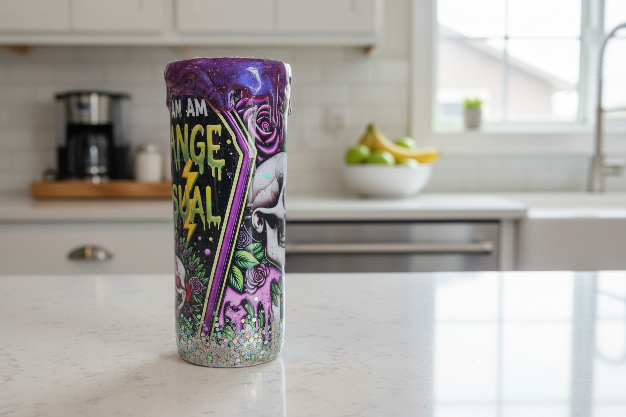 Colorful tumbler with graphic design on a kitchen counter