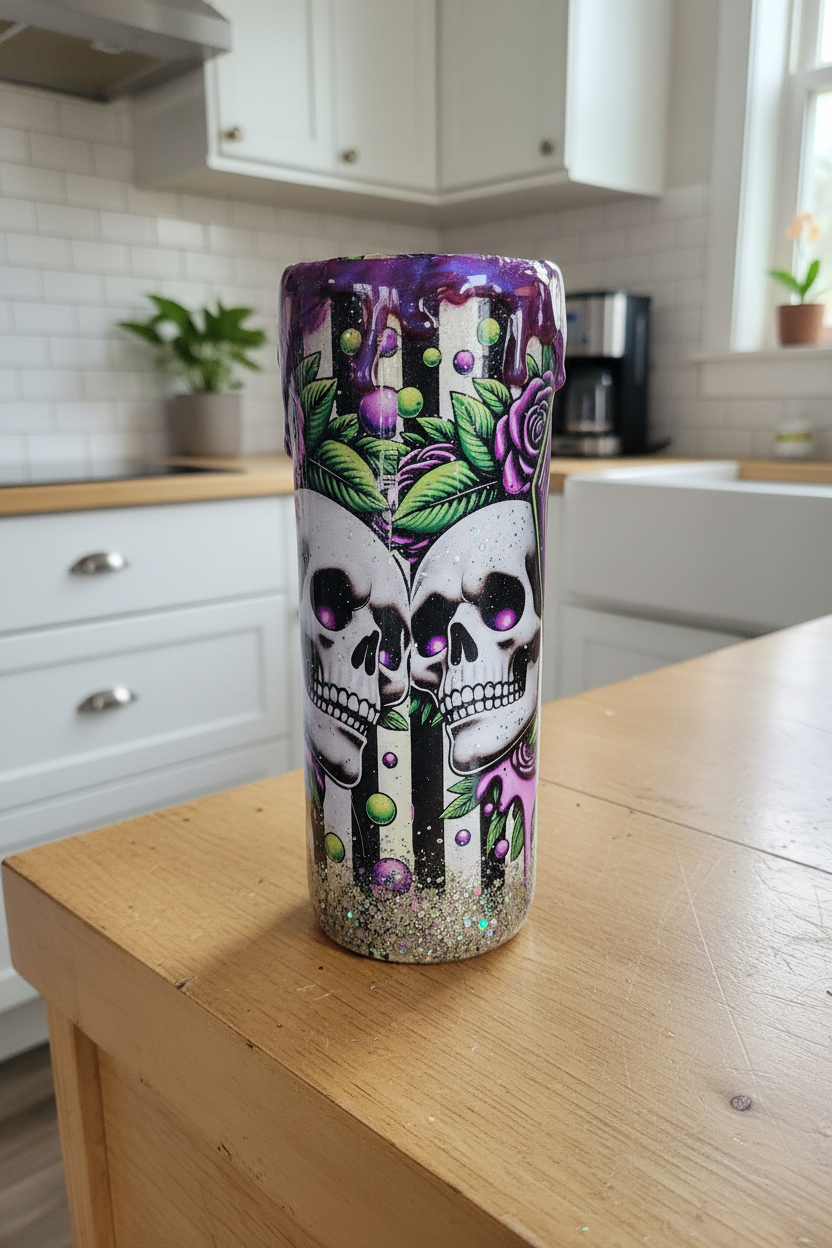 Decorative tumbler with skull design on a kitchen counter