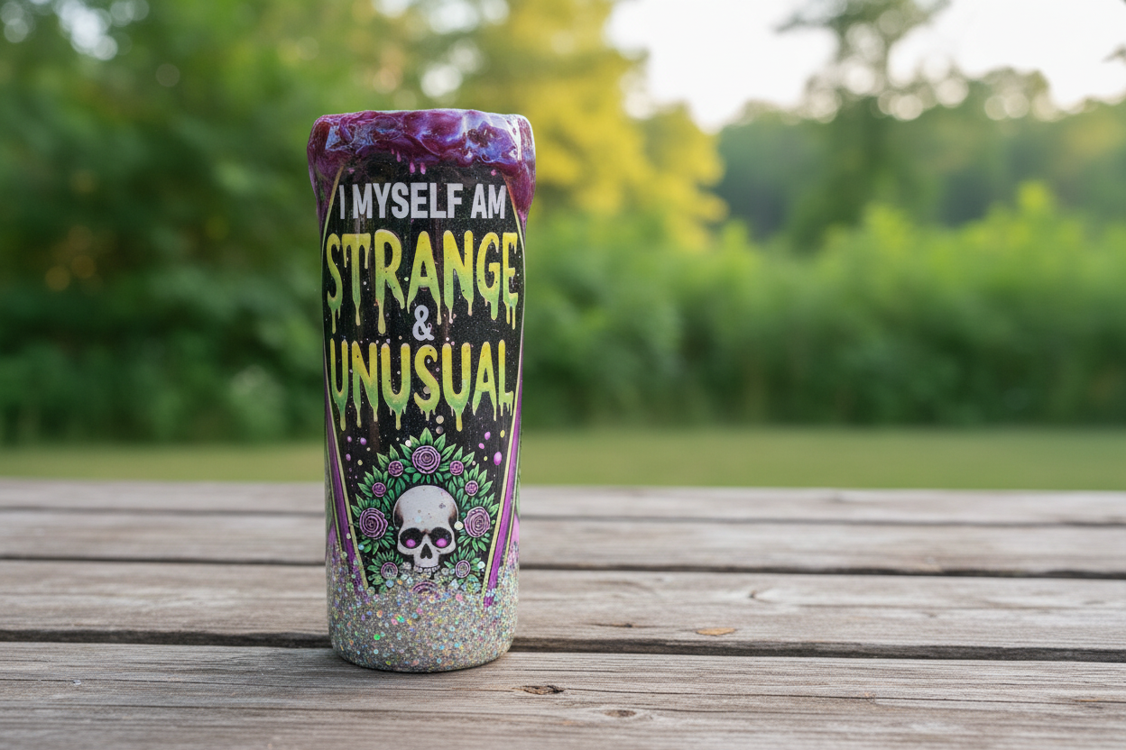 Tumbler with 'Myself Am Strange & Unusual' text on a wooden surface with a blurred natural background