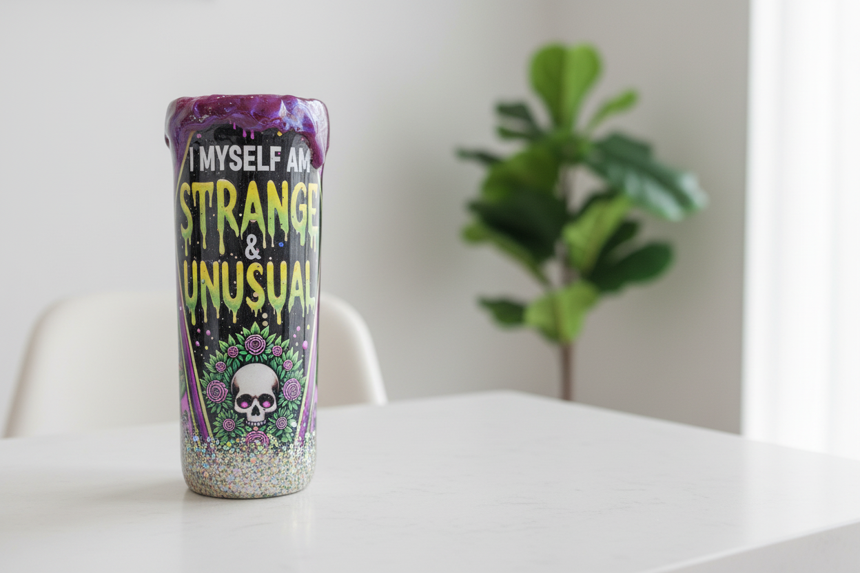 Tumbler with a colorful design and text on a white surface with a plant in the background